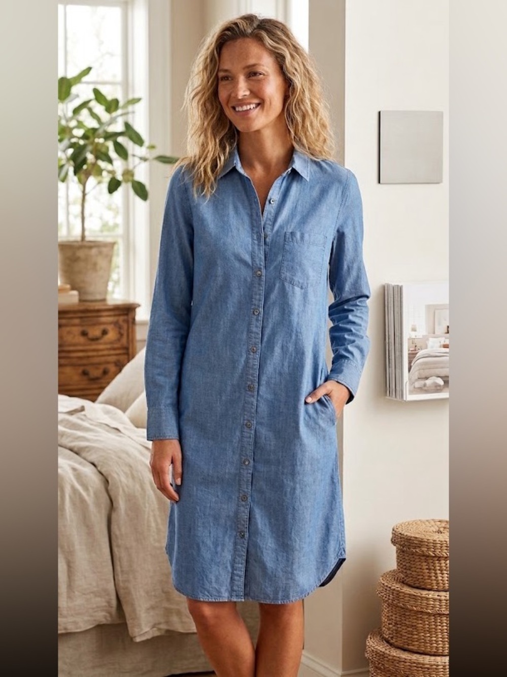 Garnet Hill Chambray Button Up Shirt Dress Size 2 Midi Blue Knee Length Fall